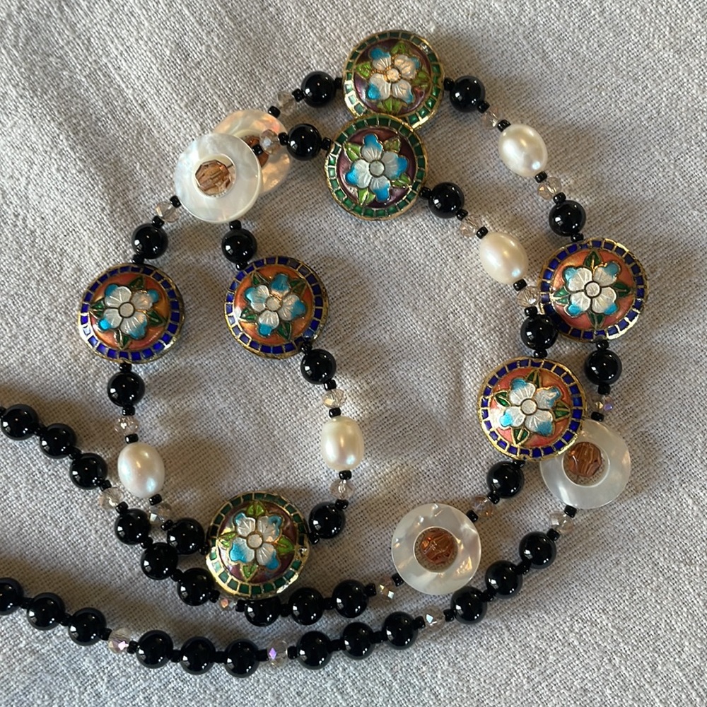 Madame Butterfly black beads w floral handpainted metal beads, peranakan style